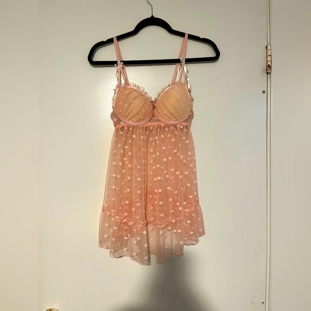 Romantic Sheer Pink Polka Dot Babydoll Lingerie – Size Large